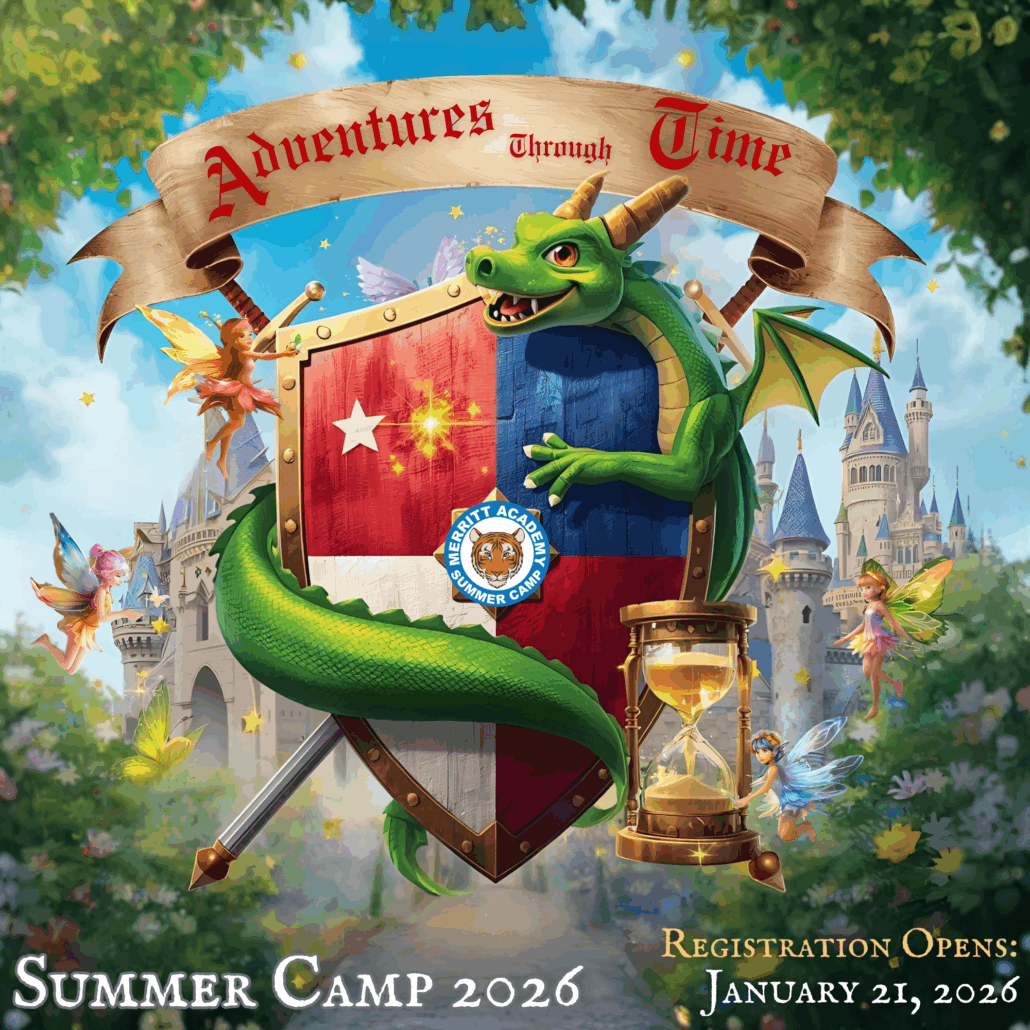 Image depicting green cartoon dragon, sword and coat of arms shield with castle in forest for summer camp theme Adventures through Time